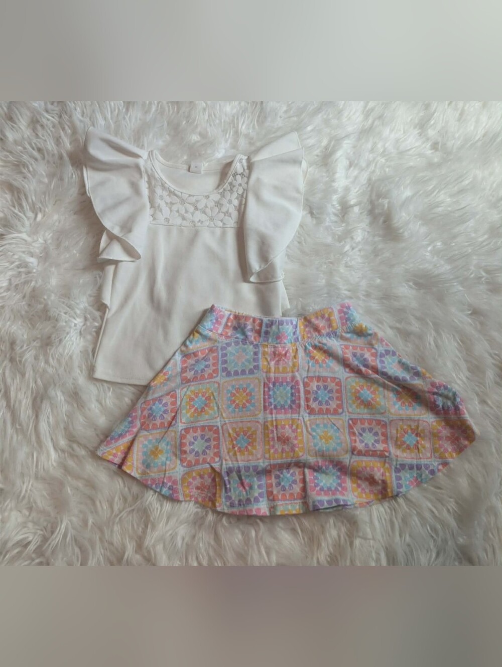 2pc Set Girls White Ruffle Sleeve Top with Pastel Patterned Skirt